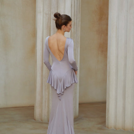 Caroline Purple Maxi Dress with Ruffle Front Slit Long Sleeves and Open Back Design