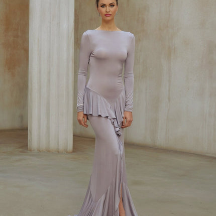 Caroline Purple Maxi Dress Ruffle Front Slit Fitted Cinched Waist Long Sleeves Open Back Design Terylene Fiber Elegant Luxurious Charm
