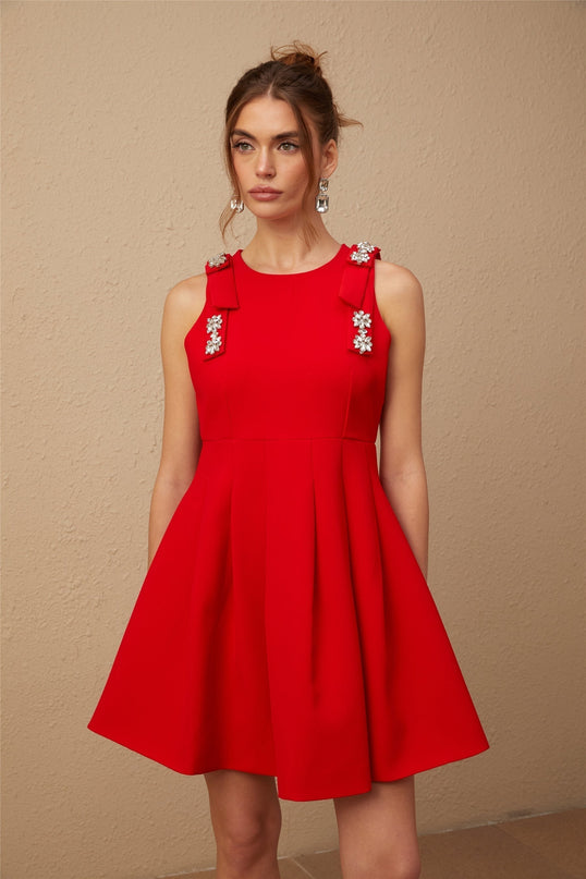 Caroline Red Textured Mini Dress with Crystal Embellishment and Bow Detailing