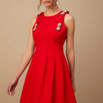 Caroline Red Textured Mini Dress with Crystal Embellishment and Bow Detailing