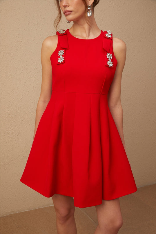 Caroline Red Textured Mini Dress with Crystal Embellishment and Bow Detailing