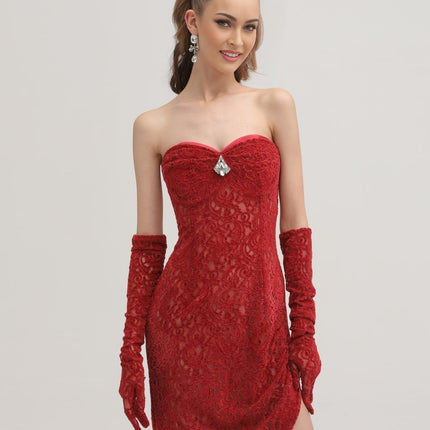 Casemiro Red Lace Off-shoulder Midi Dress with Diamond-Like Accent