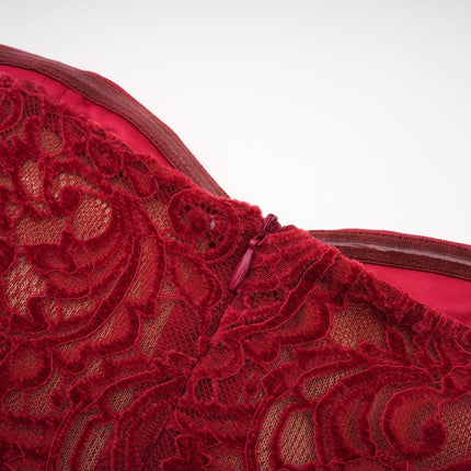 Casemiro Red Lace Off-shoulder Midi Dress with Diamond-Like Accent and Elbow-Length Lace Gloves