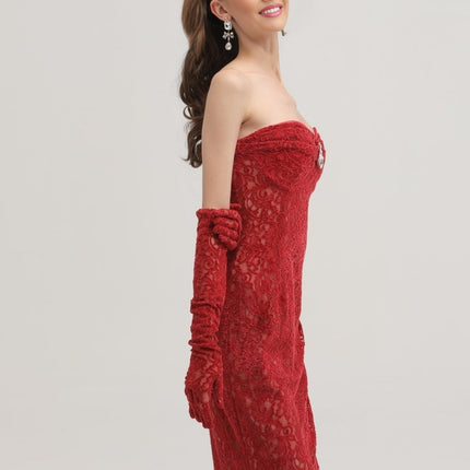 Casemiro Red Lace Off-shoulder Midi Dress with Diamond-Like Accent and Elbow-Length Lace Gloves