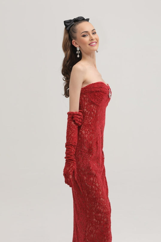 Casemiro Red Lace Off-shoulder Midi Dress with Diamond-Like Accent and Elbow-Length Lace Gloves