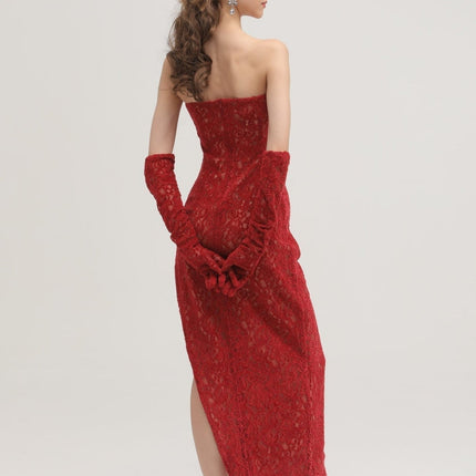 Casemiro Red Lace Off-shoulder Midi Dress with Diamond-Like Accent