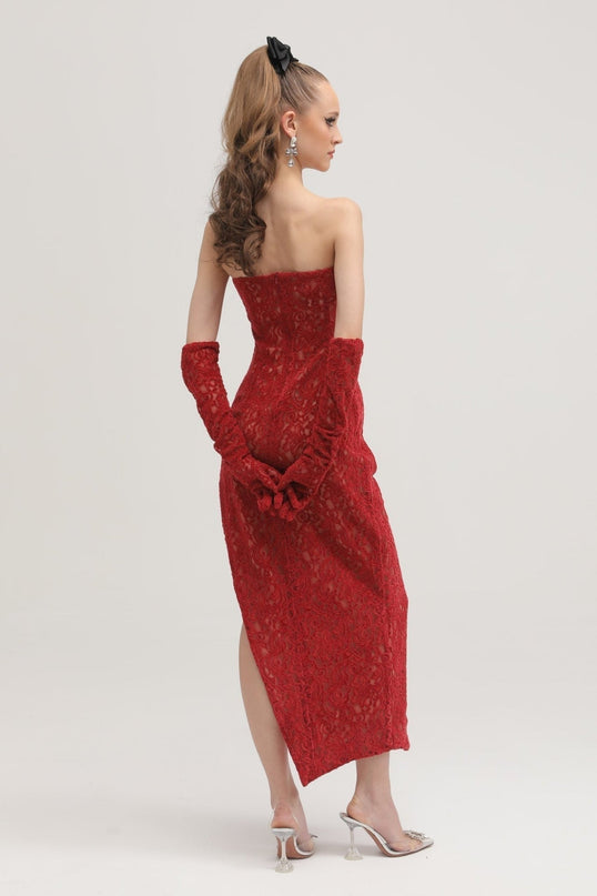 Casemiro Red Lace Off-shoulder Midi Dress with Diamond-Like Accent