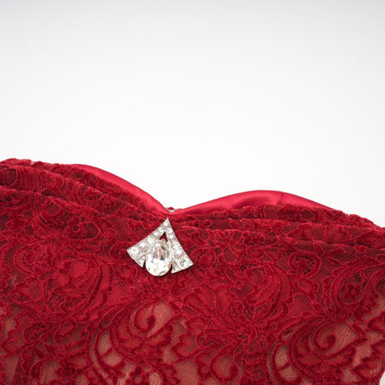 Casemiro Red Lace Off-shoulder Midi Dress with Diamond-Like Accent and Elbow-Length Lace Gloves