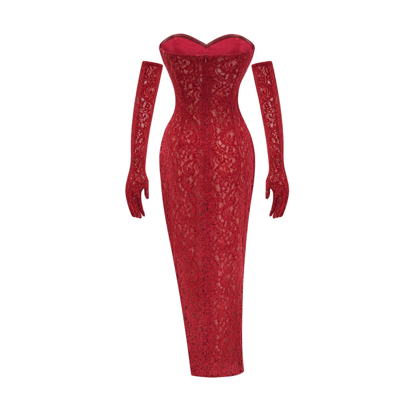 Casemiro Red Lace Off-shoulder Midi Dress with Diamond-Like Accent