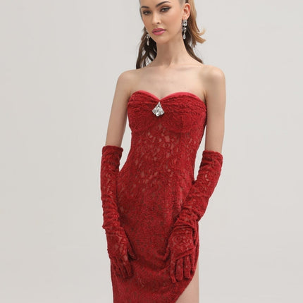 Casemiro Red Lace Off-shoulder Midi Dress with Diamond-Like Accent