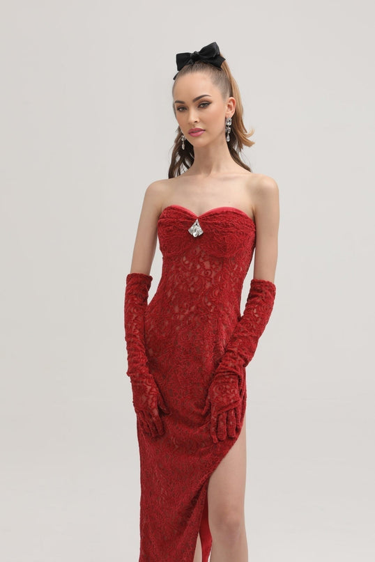 Casemiro Red Lace Off-shoulder Midi Dress with Diamond-Like Accent