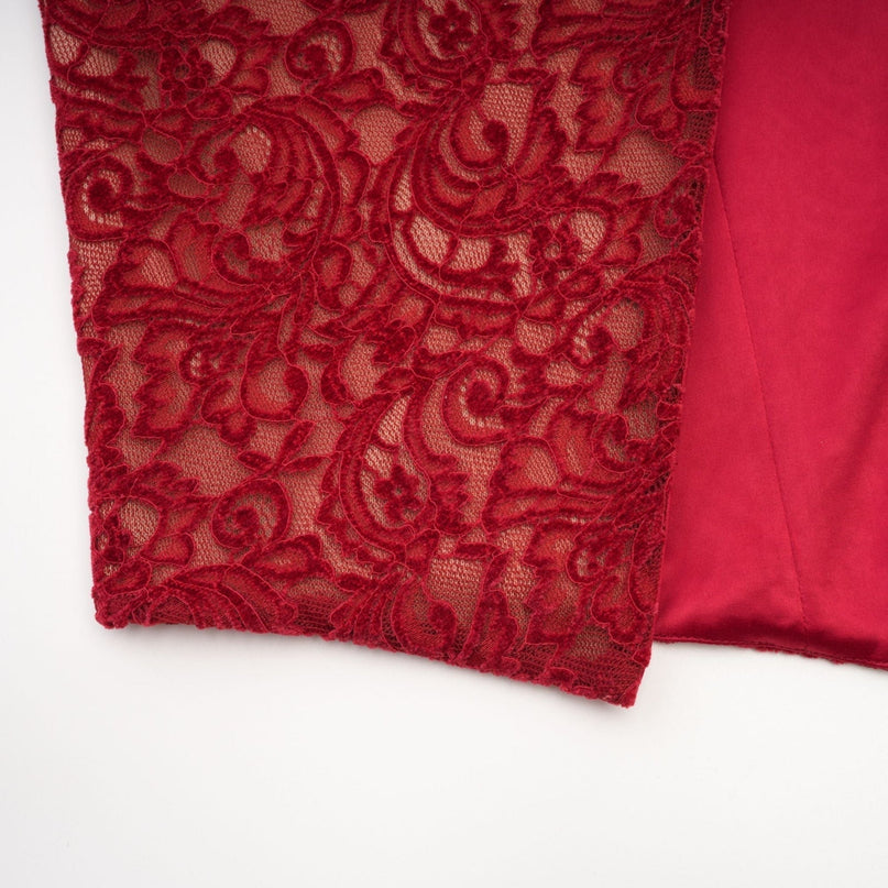 Casemiro Red Lace Off-shoulder Midi Dress with Diamond-Like Accent and Elbow-Length Lace Gloves