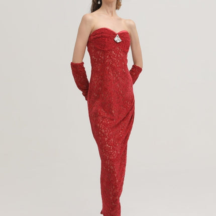 Casemiro Red Lace Off-shoulder Midi Dress with Diamond-Like Accent and Elbow-Length Lace Gloves