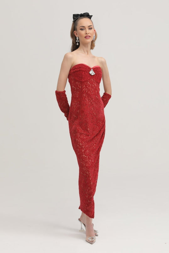 Casemiro Red Lace Off-shoulder Midi Dress with Diamond-Like Accent and Elbow-Length Lace Gloves
