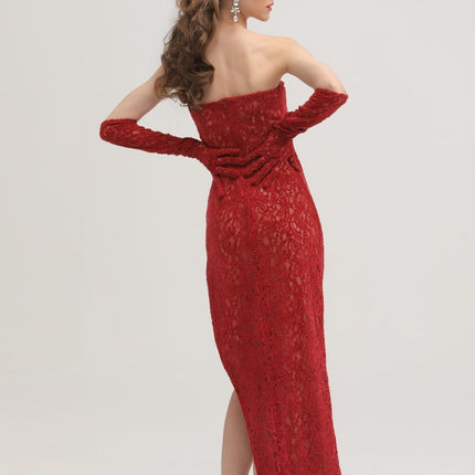 Casemiro Red Lace Off-shoulder Midi Dress with Diamond-Like Accent and Elbow-Length Lace Gloves