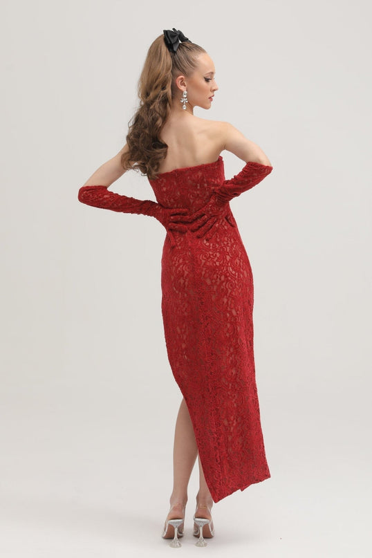 Casemiro Red Lace Off-shoulder Midi Dress with Diamond-Like Accent and Elbow-Length Lace Gloves