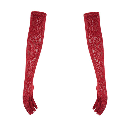 Casemiro Red Lace Off-shoulder Midi Dress with Diamond-Like Accent and Elbow-Length Lace Gloves