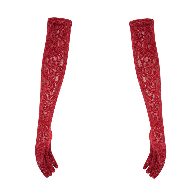 Casemiro Red Lace Off-shoulder Midi Dress with Diamond-Like Accent and Elbow-Length Lace Gloves
