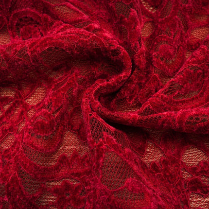 Casemiro Red Lace Off-shoulder Midi Dress with Diamond-Like Accent and Elbow-Length Lace Gloves