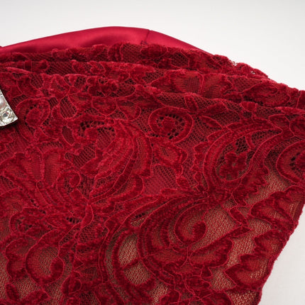 Casemiro Red Lace Off-shoulder Midi Dress with Diamond-Like Accent and Elbow-Length Lace Gloves