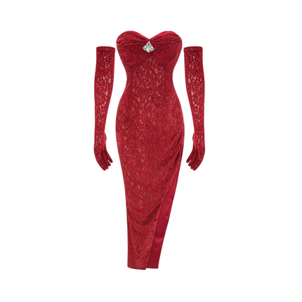 Casemiro Red Lace Off-shoulder Midi Dress with Diamond-Like Accent