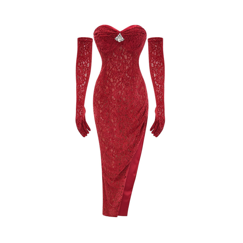 Casemiro Red Lace Off-shoulder Midi Dress with Diamond-Like Accent