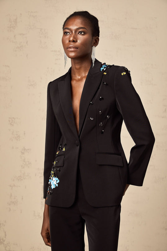 Cassandra Black Crystal Embellished Blazer Trousers Set