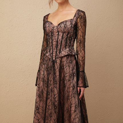Cassandra Black Lace Corset Style Midi Dress with Flared Sleeves and Ruched Detailing