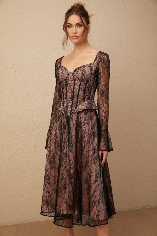 Cassandra Black Lace Corset Style Midi Dress with Flared Sleeves and Ruched Detailing