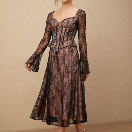 Cassandra Black Lace Corset Midi Dress with Flared Sleeves and Ruched Detailing