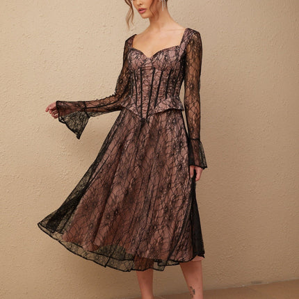 Cassandra Black Lace Corset Midi Dress with Flared Sleeves