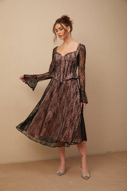Cassandra Black Lace Corset Midi Dress with Flared Sleeves