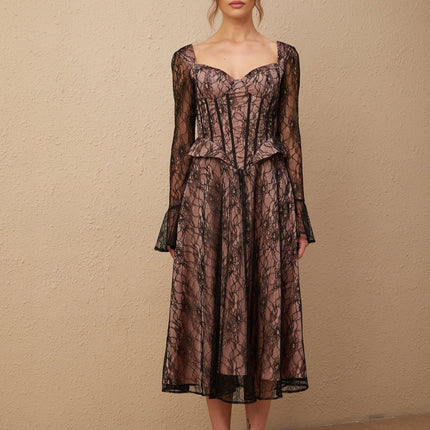 Cassandra Black Lace Corset Sweetheart Midi Dress with Flared Sleeves and Ruched Detailing