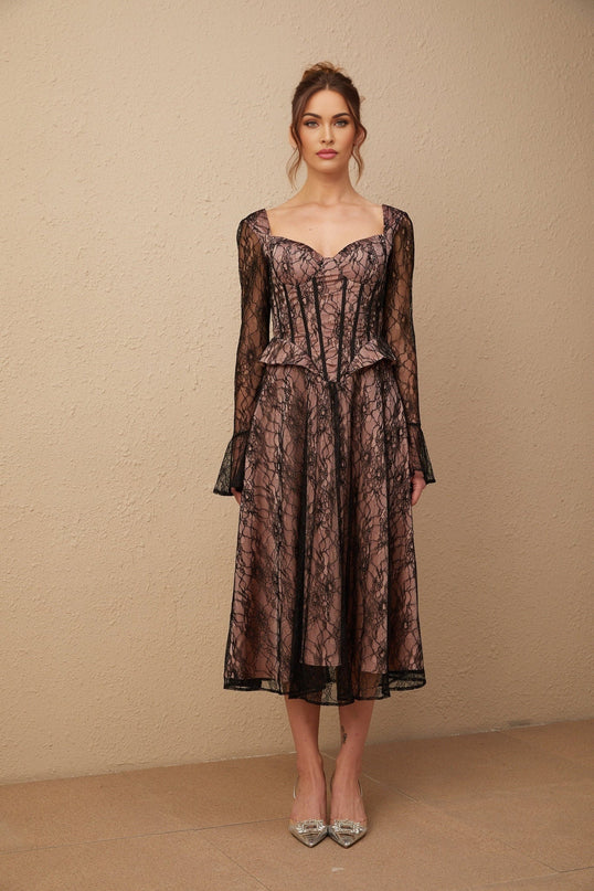 Cassandra Black Lace Corset Sweetheart Midi Dress with Flared Sleeves and Ruched Detailing