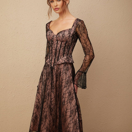 Cassandra Black Lace Corset Sweetheart Midi Dress with Ruched Detailing and Flared Hem