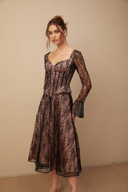 Cassandra Black Lace Corset Sweetheart Midi Dress with Ruched Detailing and Flared Hem