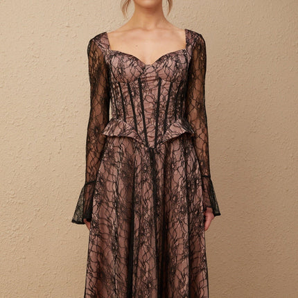 Cassandra Black Lace Corset Sweetheart Midi Dress with Flared Sleeves Ruched Detailing and Lace-Up Fastening