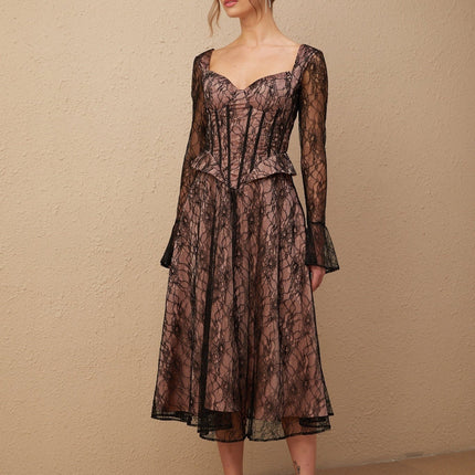 Cassandra Black Lace Corset Sweetheart Midi Dress with Flared Sleeves and Ruched Detailing