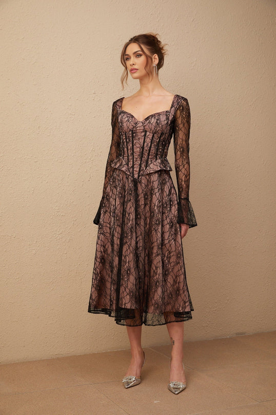 Cassandra Black Lace Corset Sweetheart Midi Dress with Flared Sleeves and Ruched Detailing