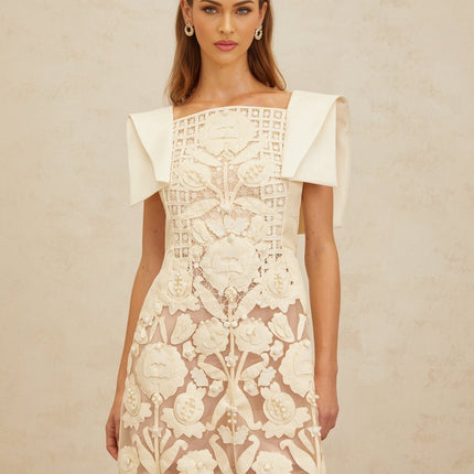 Cassandra White Floral Crochet Beaded Bouquet Mini Dress