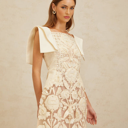 Cassandra White Floral Crochet Beaded Bouquet Mini Dress
