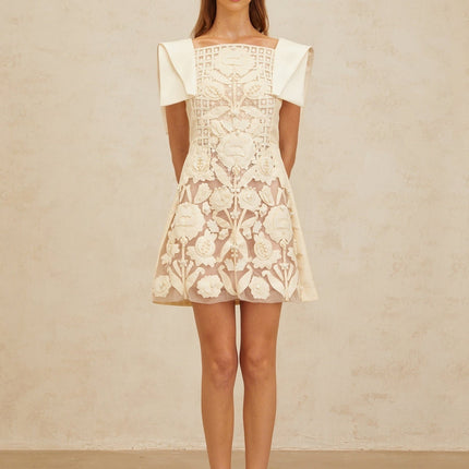 Cassandra White Mini Dress Floral Crochet Beaded Bouquet