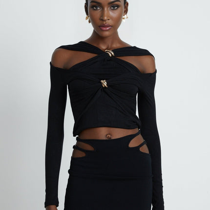 Cassidy Black Cut Out Top with Gold-Tone Hardware and Rear Zip Fastening