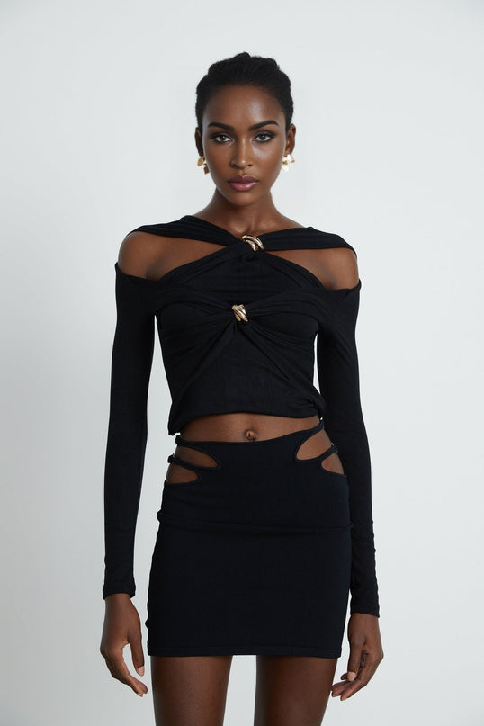 Cassidy Black Cut Out Top with Gold-Tone Hardware and Rear Zip Fastening