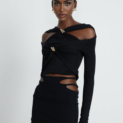 Cassidy Black Cut Out Top with Gold Hardware and Rear Zip Fastening