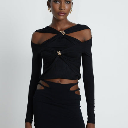 Cassidy Black Cut Out Top with Gold-Tone Hardware and Rear Zip Fastening