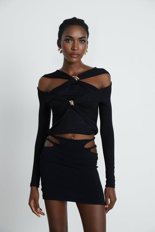 Cassidy Black Cut Out Top with Gold-Tone Hardware and Rear Zip Fastening