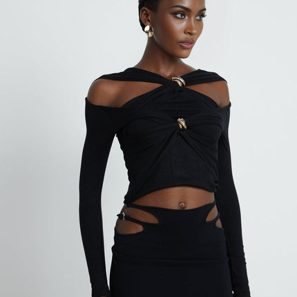 Cassidy Black Cut Out Top with Gold Hardware and Rear Zip Fastening