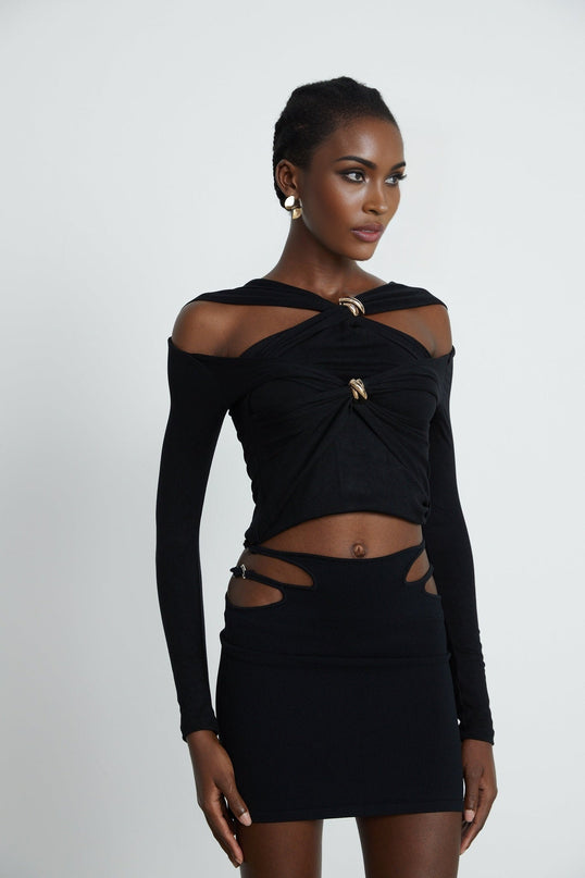 Cassidy Black Cut Out Top with Gold Hardware and Rear Zip Fastening