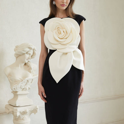Cassidy Black White Pencil Midi Dress 3D Petal Detailing